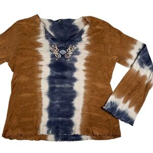 Harley Davidson Y2K Tie Dye Butterfly Long Sleeve V Neck Shirt graphic bikercore